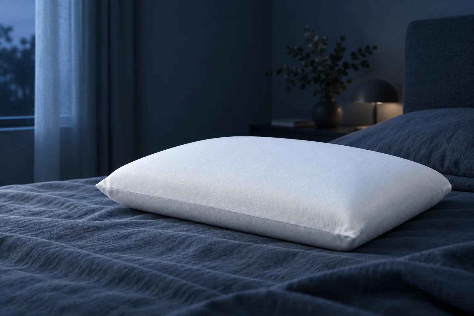 Visualização gerada do travesseiro em um quarto com roupa de cama azul